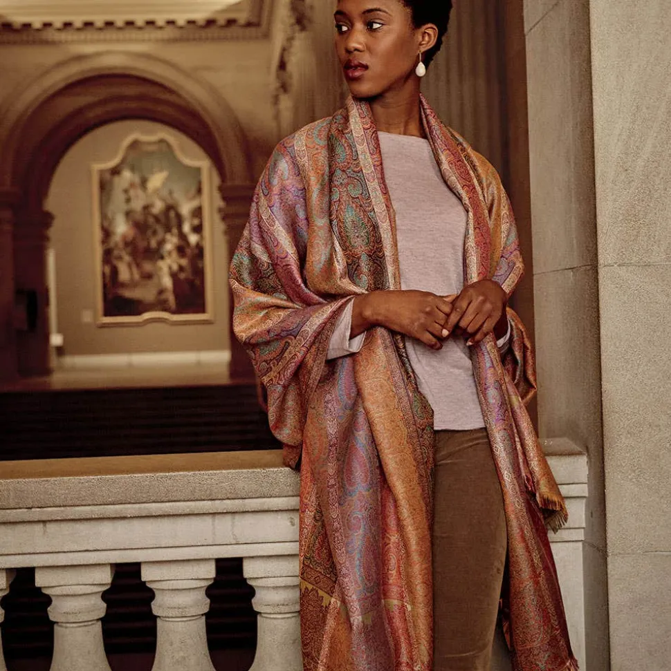 French Paisley Striped Oversize Wool-Blend Shawl