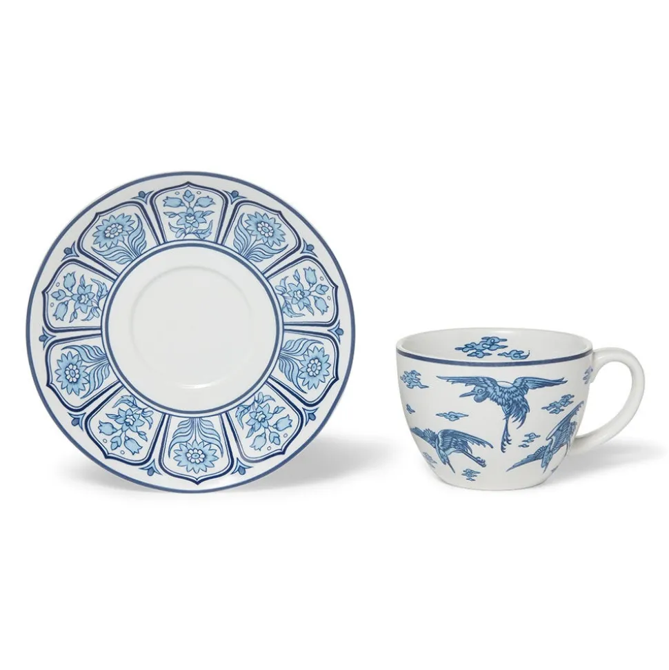 Blue & White Cranes Teacup And Saucer