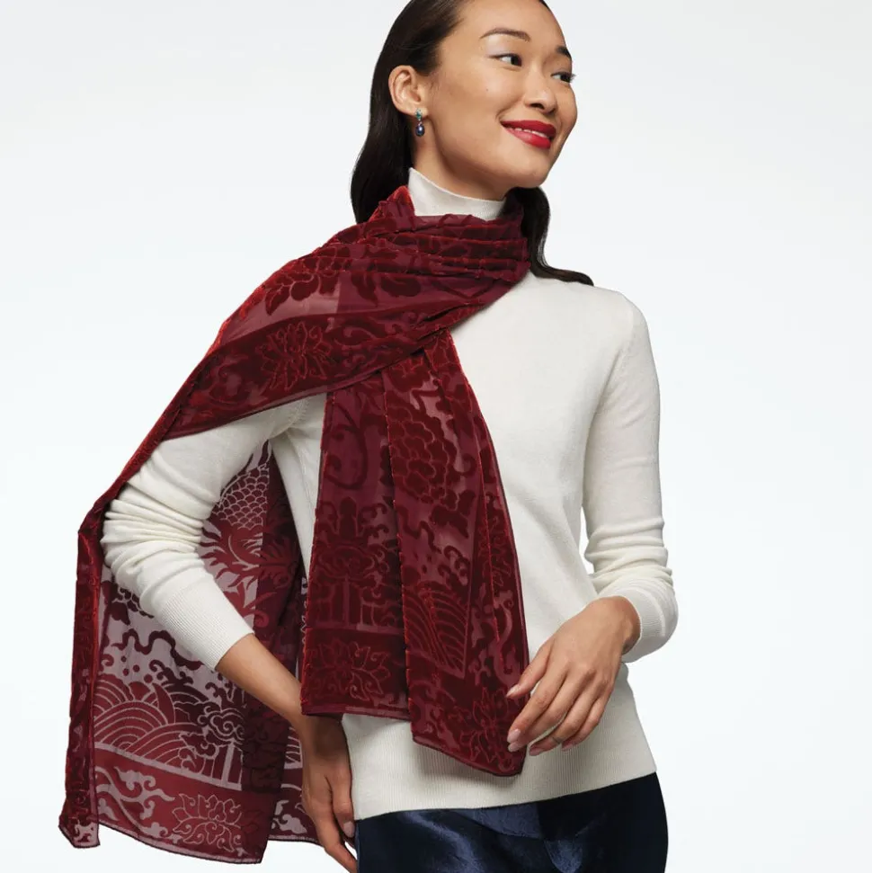 Chinese Phoenixes And Peonies Oblong Velvet Burnout Scarf